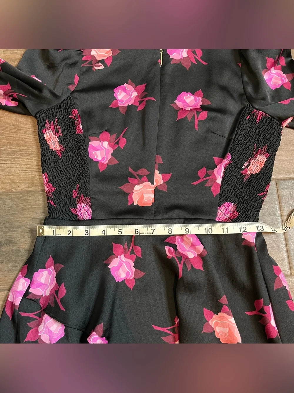 Kate Spade NY Rose Garden Smocked Satin dress black pink